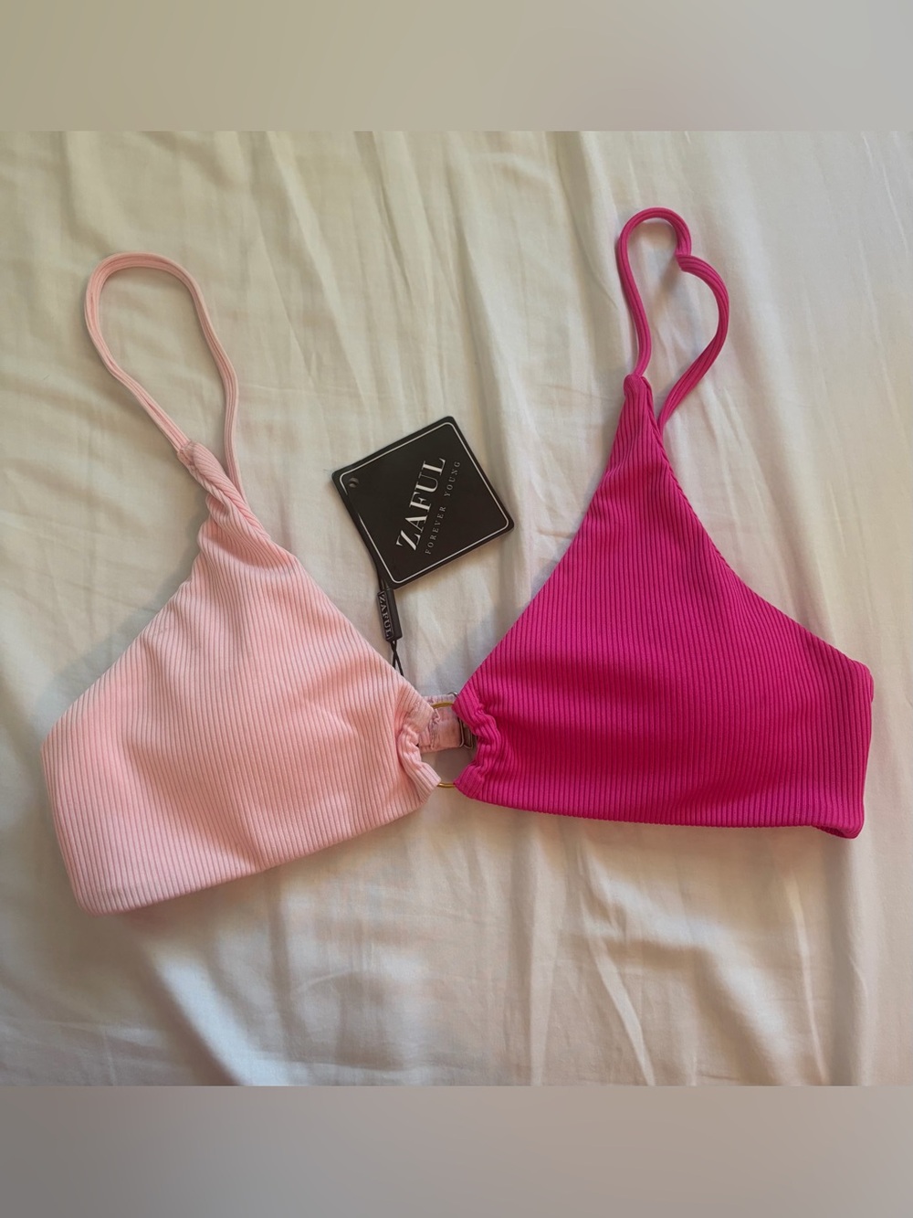 NWT ZAFUL Pink Colorblock Ribbed Bikini Top S Two Tone Gold Ring Swim